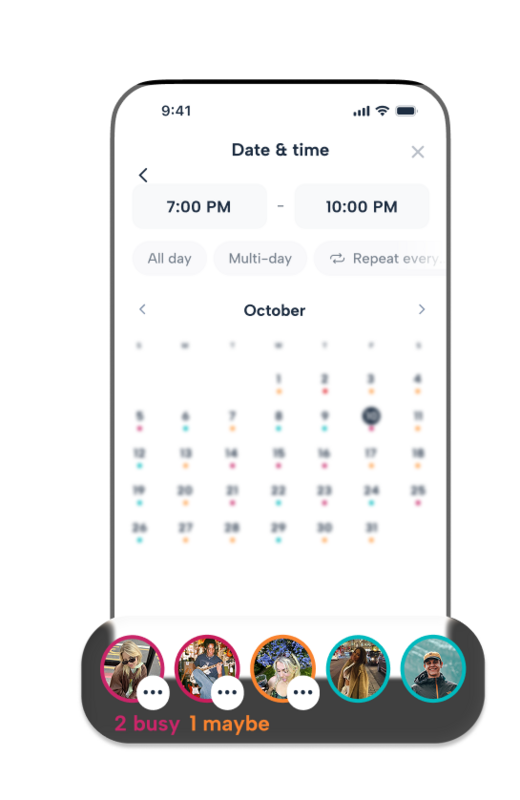 Howbout app's 'Date & time' picker showing how the app automatically identifies when friends or partners are 'busy' or 'maybe' available, making it easy for couples to find a free slot for date night without checking multiple calendars.